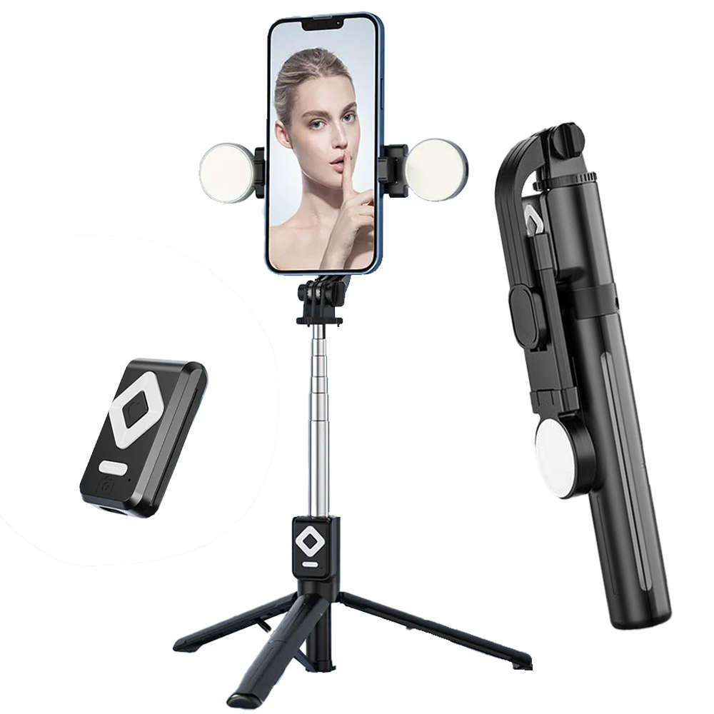 Selfie stick Uchwyt na telefon statyw z podwójną lampą Ring LED Tripod