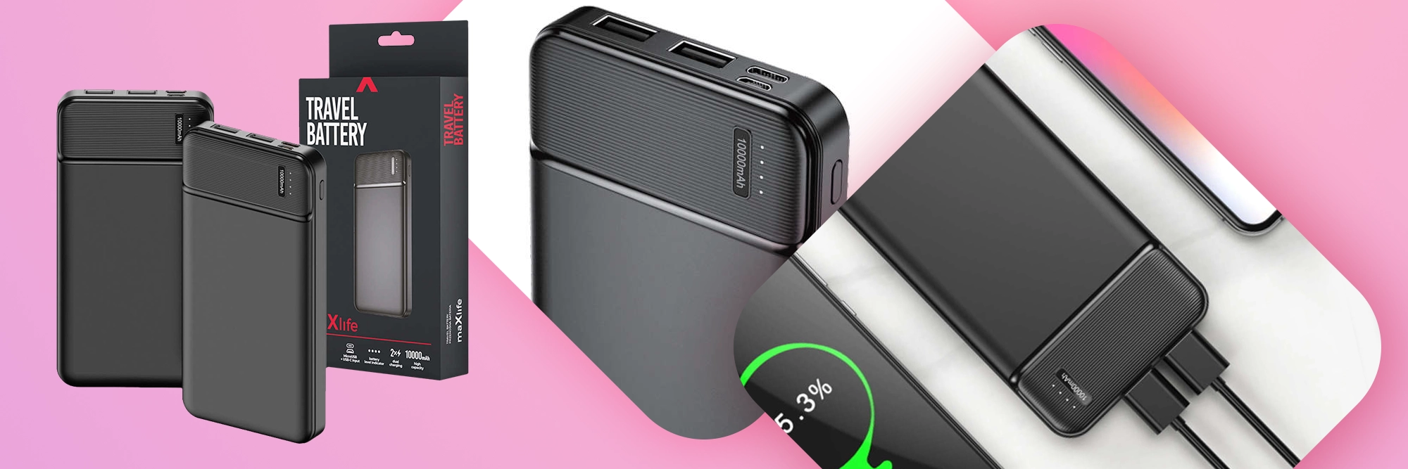Kieszonkowy Powerbank Maxlife MXPB-01 2x USB USB-C Type C micro USB 10000mAh Black