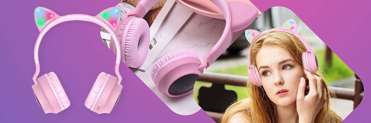 Świecące słuchawki bezprzewodowe dla dzieci z mikrofonem HOCO W27 Cat Pink