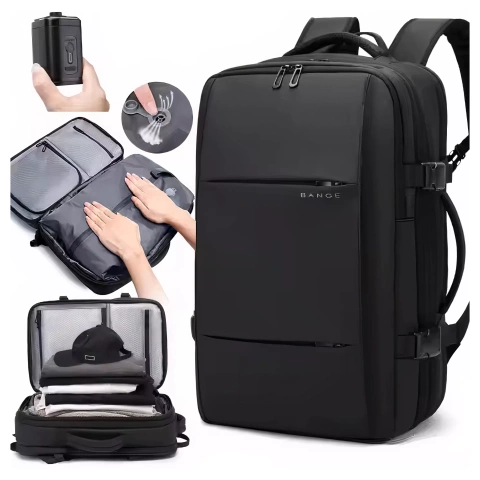 Bange Wasserdichter Laptop-Rucksack für Städtetrips, 46 x 30,5 x 20 cm, erweiterbar für Flugreisen, für Damen und Herren, mit Vakuumfach und Vakuumpumpe, Schwarz