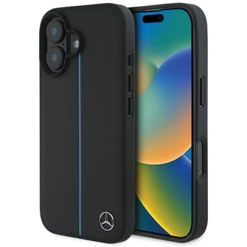 Mercedes iPhone 16 Hülle 6,1" Schwarz Hardcase MB Blue Line Leder MagSafe