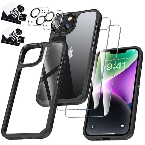 Hülle für iPhone 14 Plus 4er-Set Brille 5in1 gepanzert 360 Alogy Hybrid 2x Bildschirmglas 2x Linse schwarz-transparent