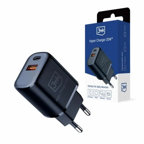 3mk HyperCharger 20W Wandladegerät 1xUSB-C 1xUSB-A PD/QC Schwarz