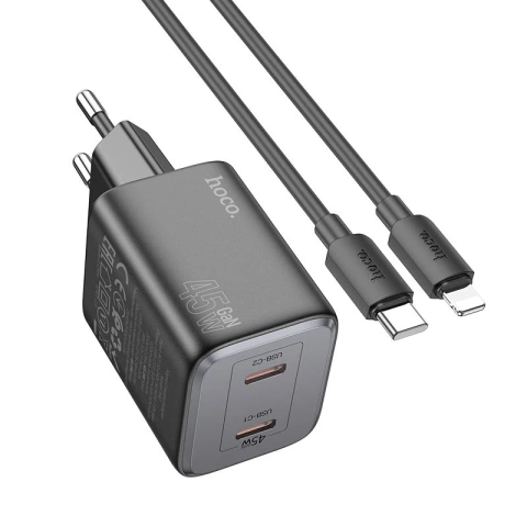 HOCO Wandladegerät 2 x Typ-C-Kabel Typ C zu Lightning PD QC 45W GaN Schwarz
