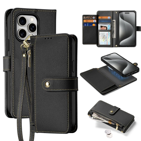 iPhone 15 Pro Dux Ducis Lawa Wallet Leder Mag Schwarze Hülle