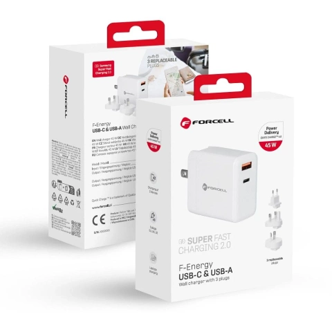 FORCELL F-ENERGY 3in1 Wandladegerät Typ C USB A PD QC4.0 3A 45W mit austauschbaren Steckern Weiß