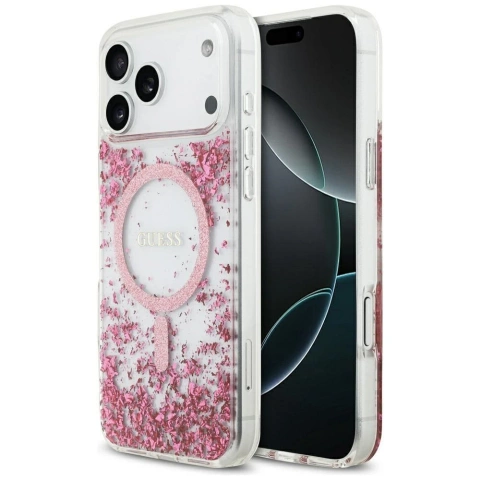 Etui Guess MagSafe do iPhone 17 Pro Max Resin Bottom Glitter Pink