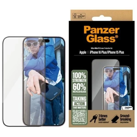PanzerGlass Displayschutzfolie Ultra-Wide Fit aus gehärtetem Glas für iPhone 16 Plus
