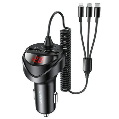USAMS Autoladegerät 2x USB Kabel 3in1 C22 (Lightning microUSB USB-C) schwarz/schwarz CC119TC01 (US-CC119)