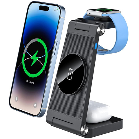 Mag Safe 3in1 Qi 18W kabelloses induktives Ladegerät für iPhone, Apple Watch, AirPods Ladestation Ständer Alogy schwarz