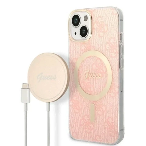 Zestaw Guess GUBPP14SH4EACSP Case Charger iPhone 14 6,1" różowy/pink Hard Case 4G Print MagSafe