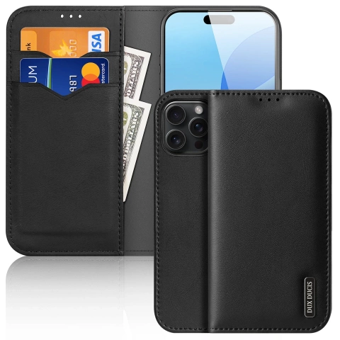 iPhone 16 Pro Dux Ducis Hivo Lederhülle mit RFID Schwarz