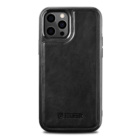 iCarer Leather Oil Wax Hülle mit echtem Leder bezogen für iPhone 12 Pro Max schwarz (ALI1206-BK)