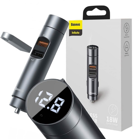 Ladegerät Baseus Bluetooth 5.0 FM-Sender 2x USB QC 3.0 18W Grau