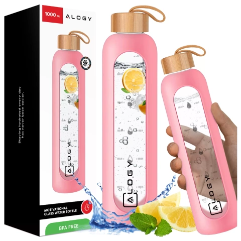Große Glasflasche Trinkflasche Alogy Motivational Messbecher 1l 1000ml Silikonhülle Pink