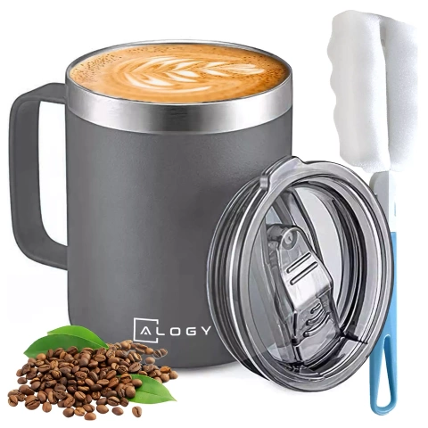Thermobecher 420 ml mit Griffdeckel für Kaffee, Tee, kalte und warme Getränke aus Stahl, Alogy, Marineblau