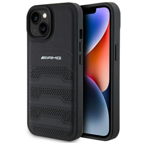 iPhone 15 Plus Hülle Mercedes AMG Leder Geprägte Linien Schwarz