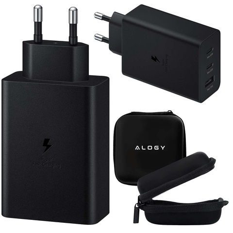 Schnelles 65-W-Ladegerät, 2 x USB-C Typ C PD, USB-A, USB Alogy, 3 Anschlüsse, starkes schwarzes Gehäuse