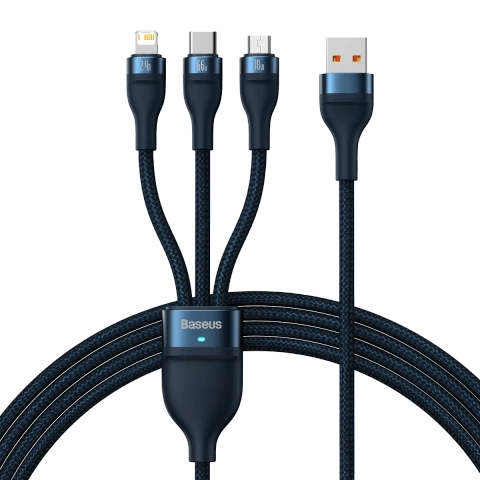 Kabel USB 3w1 Baseus Flash Serie, USB-C Micro USB Lightning, 66W, 1.2m (niebieski)