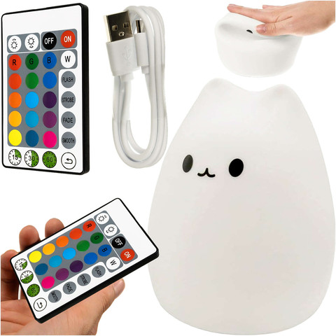 RGB-LED-Nachtlicht für Kinder, Kätzchen, Katze, USB wiederaufladbar, 16 Farben, Silikon-Touch, Weiß