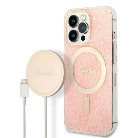 Zestaw Guess GUBPP13XH4EACSP Case Charger iPhone 13 Pro Max różowy/pink Hard Case 4G Print MagSafe