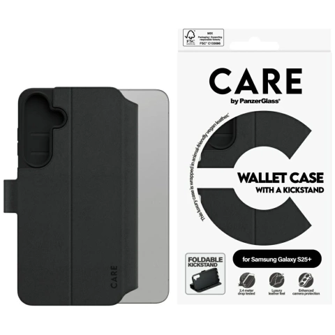 Wallet Case für Samsung S25 Schwarz CARE von PanzerGlass Wallet Kickstand