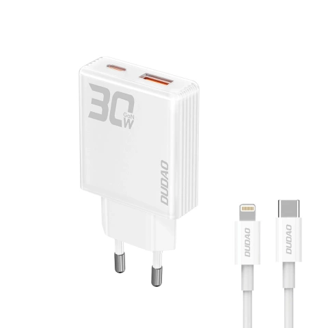 Dudao A30EUL GaN-Wandladegerät 30 W USB-A/USB-C-Kabel USB-C – Lightning – Weiß