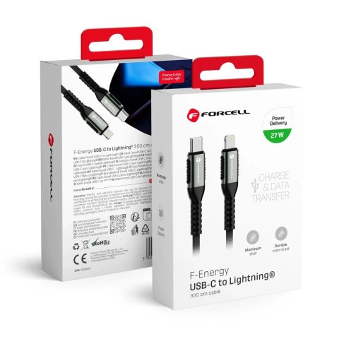 USB-C-auf-Lightning-Kabel 27 W 3 m Nylon PD Forcell Aluminium Schwarz