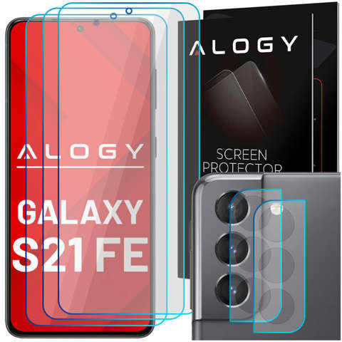 3x 9H gehärtetes Glas für den Bildschirm, 2x Glas für das Objektiv der Alogy Glass Pack Kamera für das Galaxy S21 FE