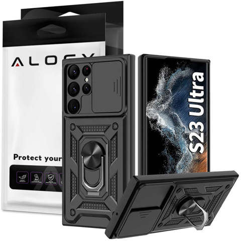 Alogy Camshield Stand Ring Case mit Kameraabdeckung für Samsung Galaxy S23 Ultra Armored Black