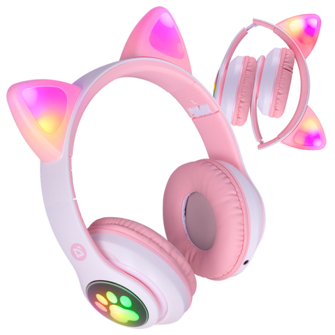 Defender Bluetooth Wireless Kopfhörer mit Micro SD LED RGB Katzenohren rosa und weiß
