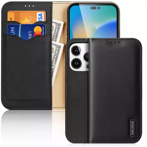 Dux Ducis Hivo Leather Flip Cover Echtes Leder Wallet für Karten und Dokumente iPhone 14 Pro Schwarz