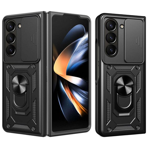 Gepanzerte Hülle für Galaxy Z Fold 5 Camshield Case Ring Alogy Stand mit verschiebbarer Kameraabdeckung, schwarz