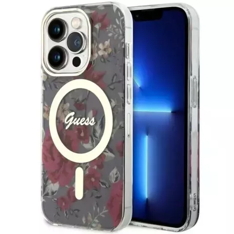 Guess GUHMP14LHCFWSA Handyhülle für Apple iPhone 14 Pro 6.1" grün/khaki Hardcase Flower MagSafe