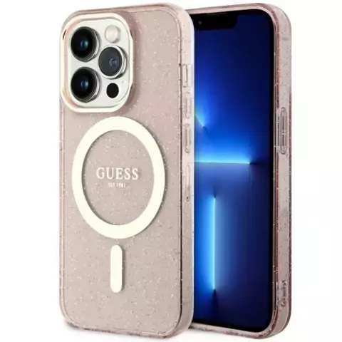 Guess GUHMP14LHCMCGP Handyhülle für Apple iPhone 14 Pro 6.1" pink/pink Hardcase Glitter Gold MagSafe