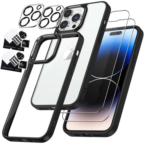 Hülle für iPhone 14 Pro Set mit 4 Brillen 5in1 gepanzert 360 Alogy Hybrid 2x Bildschirmglas 2x Linse schwarz-transparent