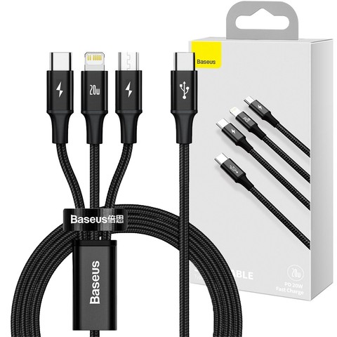 Kabel 3w1 Baseus Rapid Series USB-C für Micro-USB Lightning USB-C PD 20W 1,5m Czarny