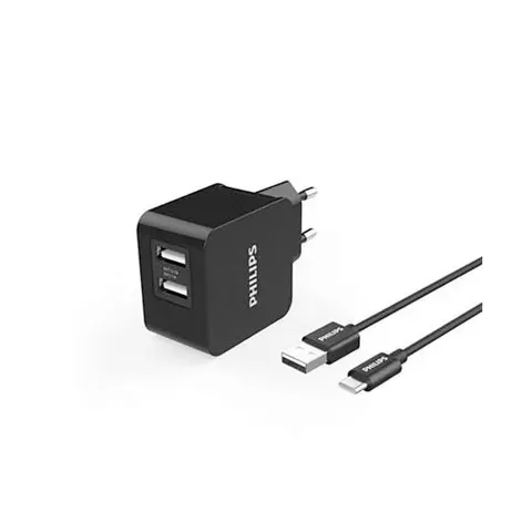 Netzladegerät 3A 15,5W schwarz Philips Kabel Typ-C USB-C 3100mA 2xUSB Dual Quick Charge phil-dlp2307a/12