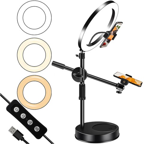 Ring LED-Ringlampe 10" 2x Telefonhalter Standstativ auf Schreibtisch mit verstellbarem Rahmen Alogy Black