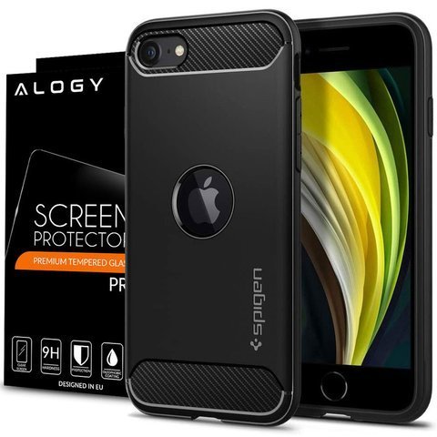 Spigen Rugged Armor Hülle für Apple iPhone SE 2022/2020 Mattschwarzes Alogy-Glas