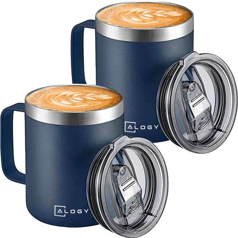 Thermobecher-Set mit 2 Tassen Thermobecher 420 ml mit Griffdeckel für Kaffee Tee Stahl Alogy Marineblau