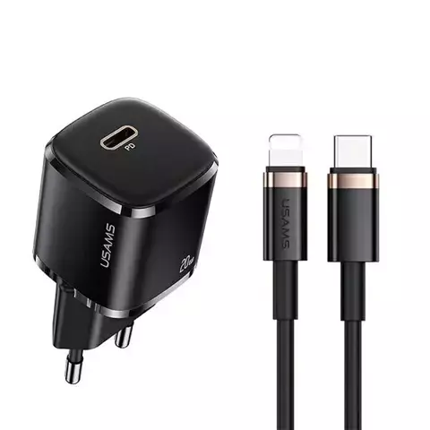USAMS Wandladegerät 1x USB-C T36 mini 20W USB-C-Lightning Kabel schwarz/schwarz PD3.0 Fast Charging XFKXLOGTL01 (US-CC124 US-SJ484)