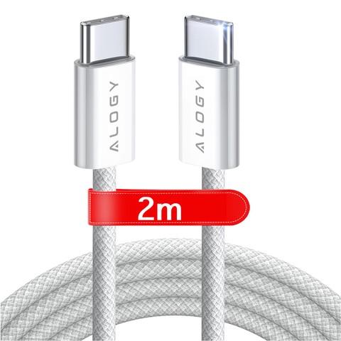 USB-C-Typ-C-Kabel, stark, schnell, PD, 2 m, für iPhone 15, Alogy-Nylonkabel, Weiß