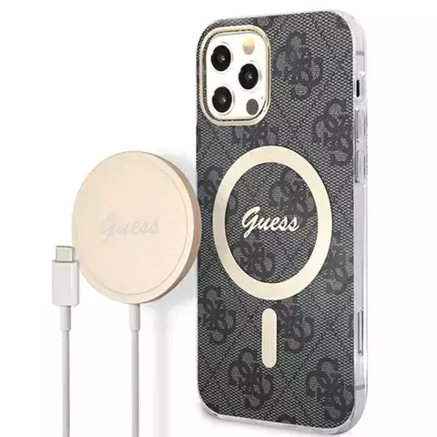 Zestaw Guess GUBPP12MH4EACSK Hülle Ladegerät iPhone 12/12 Pro czarny/schwarz Hartschale 4G Print MagSafe