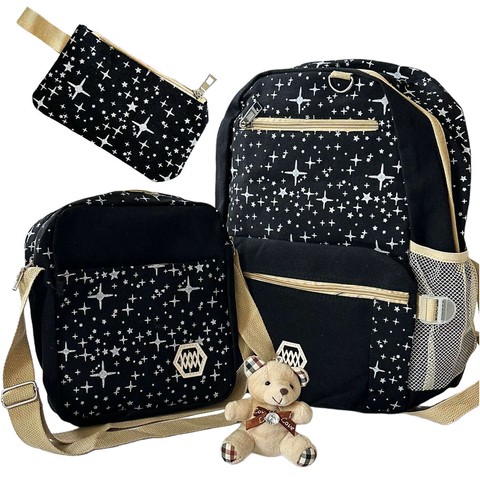 3in1 Rucksack Schule Urban Jugend Schultasche Federmäppchen Kosmetiktasche Schlüsselanhänger Teddybär Geräumig Damen Schwarz mit Sternen Alogy