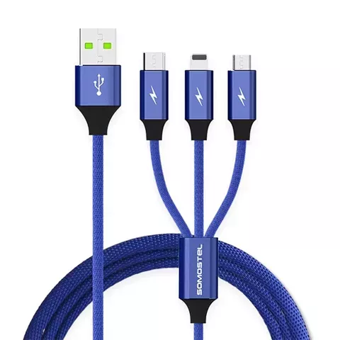 3in1 USB-C Micro-USB-Lightning-Kabel Schnellladung SOMOSTEL SMS-BW03 QC3.0 Schnellladung 2,1 A 10 W 1,2 m Powerline Blau