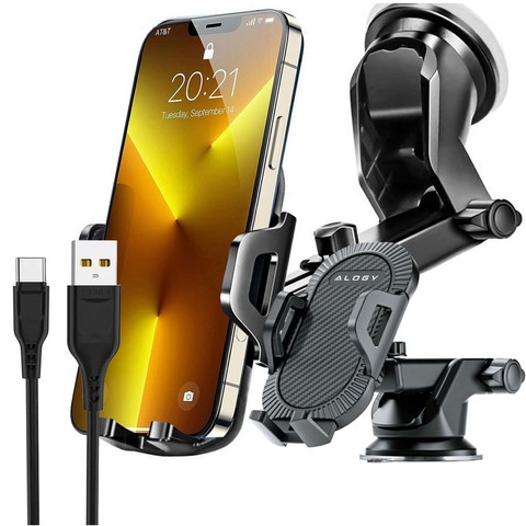 Alogy 3-in-1-Autotelefonhalter für Fenster, Fenster, Armaturenbrett, Kühlergrill, Cockpit, Schwarz, USB-C-Kabel, 2,4 A, 1 m