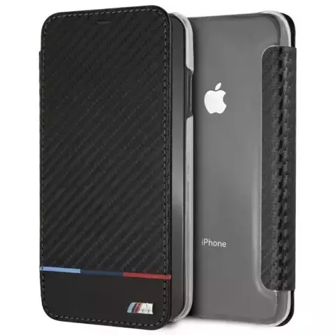 BMW BMTRBKI65PUCARTCBK Schutzhülle für Apple iPhone Xs Max Buch schwarz/schwarz Carbon Tricolor Stripe