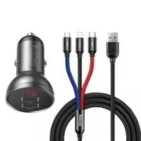 Baseus Autoladegerät 2x USB 4.8A 24W mit LCD Kabel 3in1 USB - USB Type C / Micro USB / Lightning 1.2m schwarz (TZCCBX-0G)