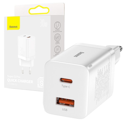 Baseus Super Si Pro Schnellladegerät USB USB-C QC 3.0 PD 30W Weißes Wandladegerät